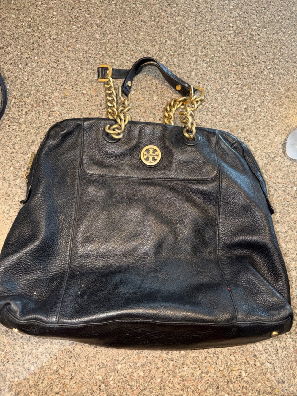 Tory Burch Chelsea slouchy Black Leather Tote with Gold Chain Handles